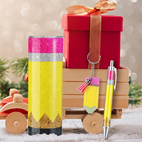 Skylety 12 Pcs 12 Pcs Teacher Gift Bulk 4 Sets Cute Teacher Appreciation Gifts 20 oz Stainless Steel Tumbler Keychain Ballpoint Set for Thank You Educator (Glitter Pencil Style)