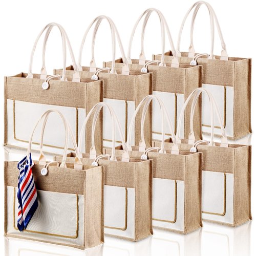 Reginary 8 Pcs Burlap Tote Bags Bulk Large Jute Tote with Handles Reusable Canvas Gift Bags for Wedding Travel(Beige)