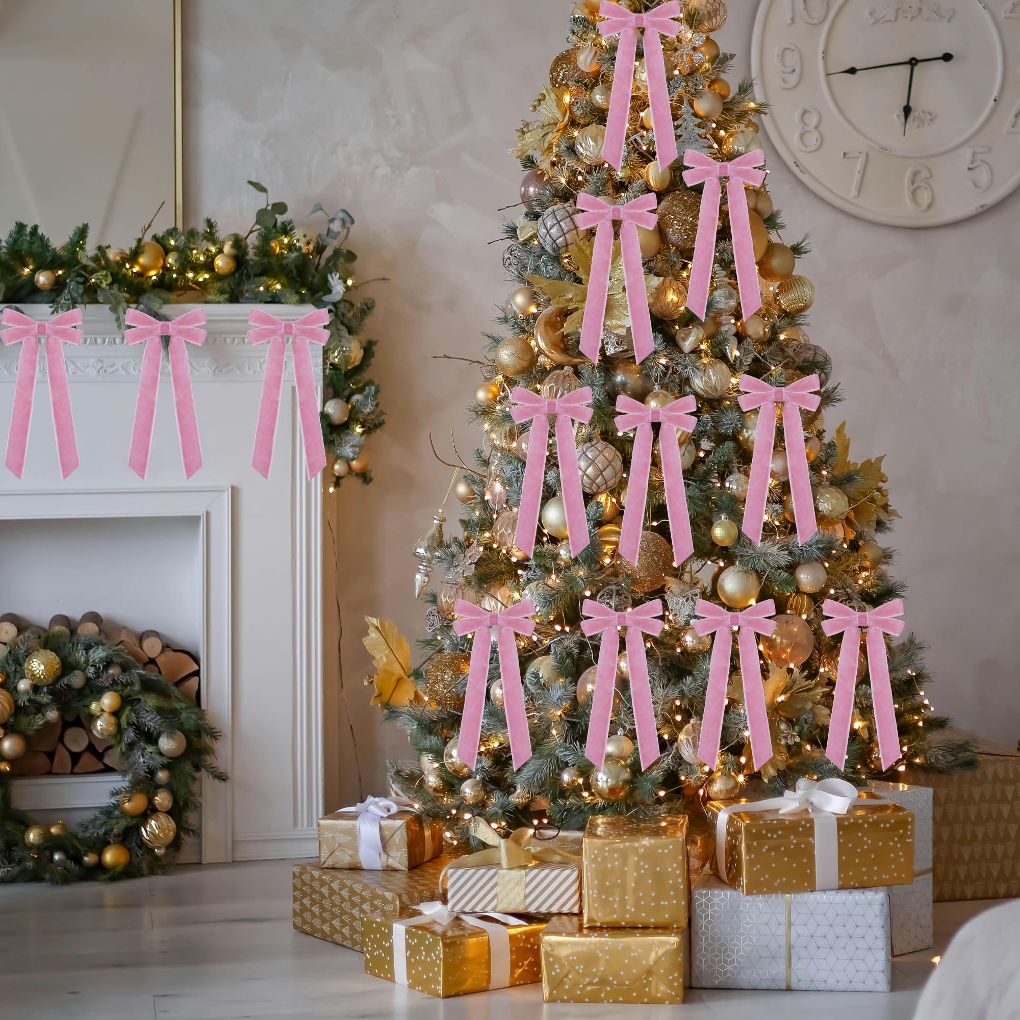 TNTIWQ 15 Pcs Pink Velvet Ribbon Bows Valentines Day Decorations for Tree 5in x 10in x 1in Vintage Velvet Bows for Christmas Tree Coquette Room Wreath Garland Birthday Wedding Party Decor (Pink)