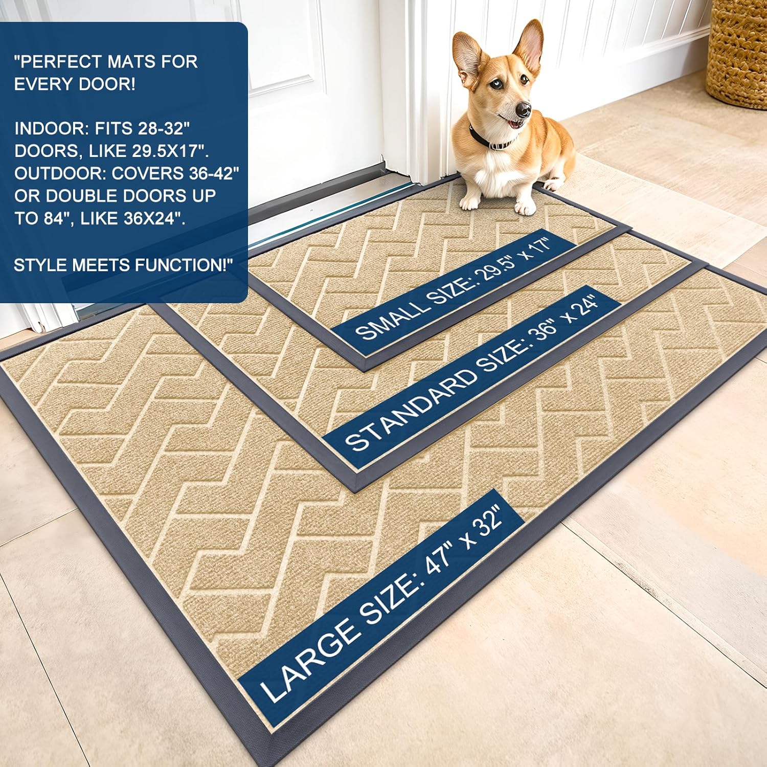OLANLY Waterproof Front Door Mat - All-Season Indoor/Outdoor Doormat | Sturdy Natural Rubber, Herringbone Brick (Beige, 36x24)