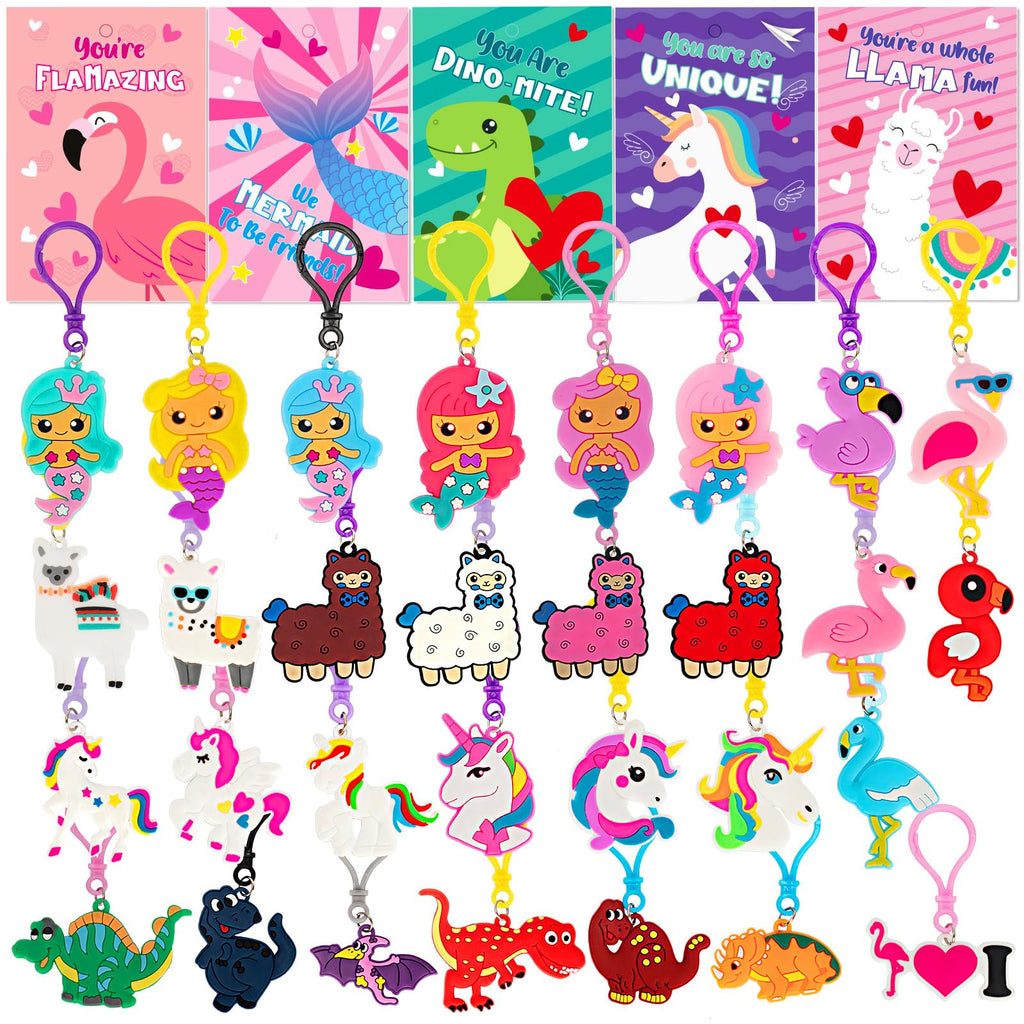 Gloween 30 Pack Valentines Day Cards for Kids, Cute Dinosaur Flamingo Mermaid Llama Unicorn Keychains, Great Classroom/Class Exchange Prizes Valentine Party Favors Gifts for Boys Girls