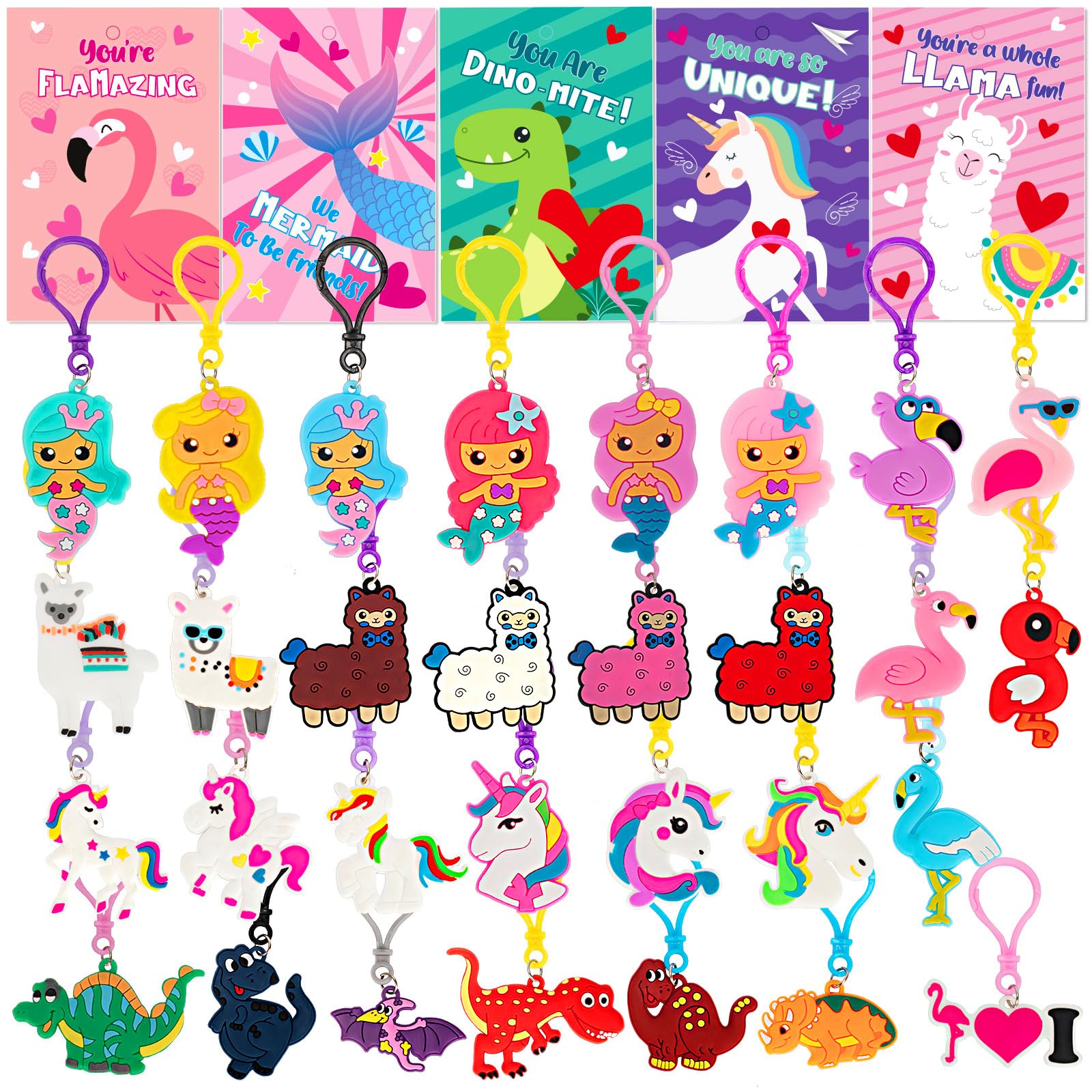 Gloween 30 Pack Valentines Day Cards for Kids, Cute Dinosaur Flamingo Mermaid Llama Unicorn Keychains, Great Classroom/Class Exchange Prizes Valentine Party Favors Gifts for Boys Girls
