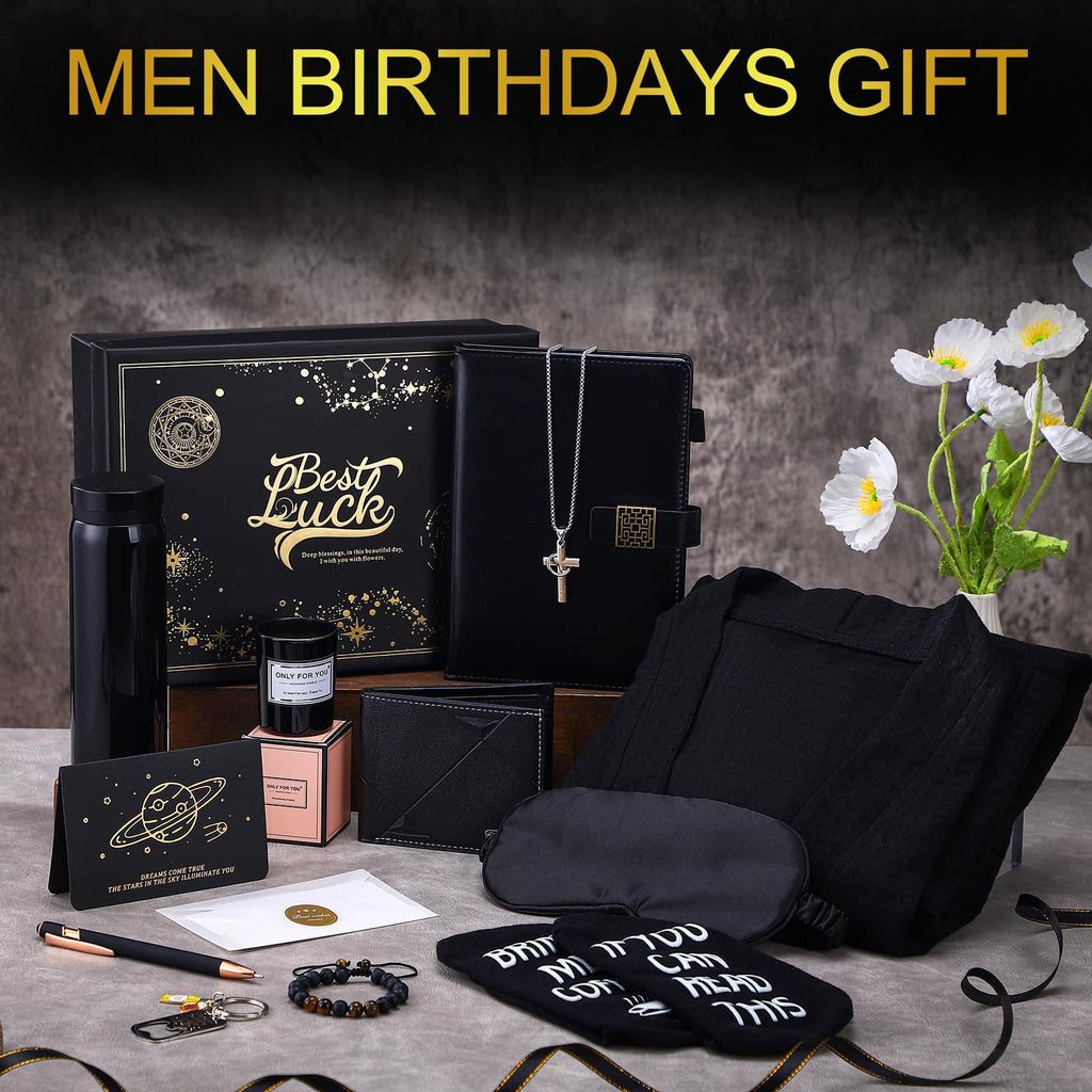 Afarnook 13 Pcs Birthdays Gifts Baskets for Men Get Well Gifts Set for Men Father's Day Gift Box Tumbler Wallet Robe Scented Candle Notebook Sock Bracelet for Father Dad Boyfriend Husband(Black)