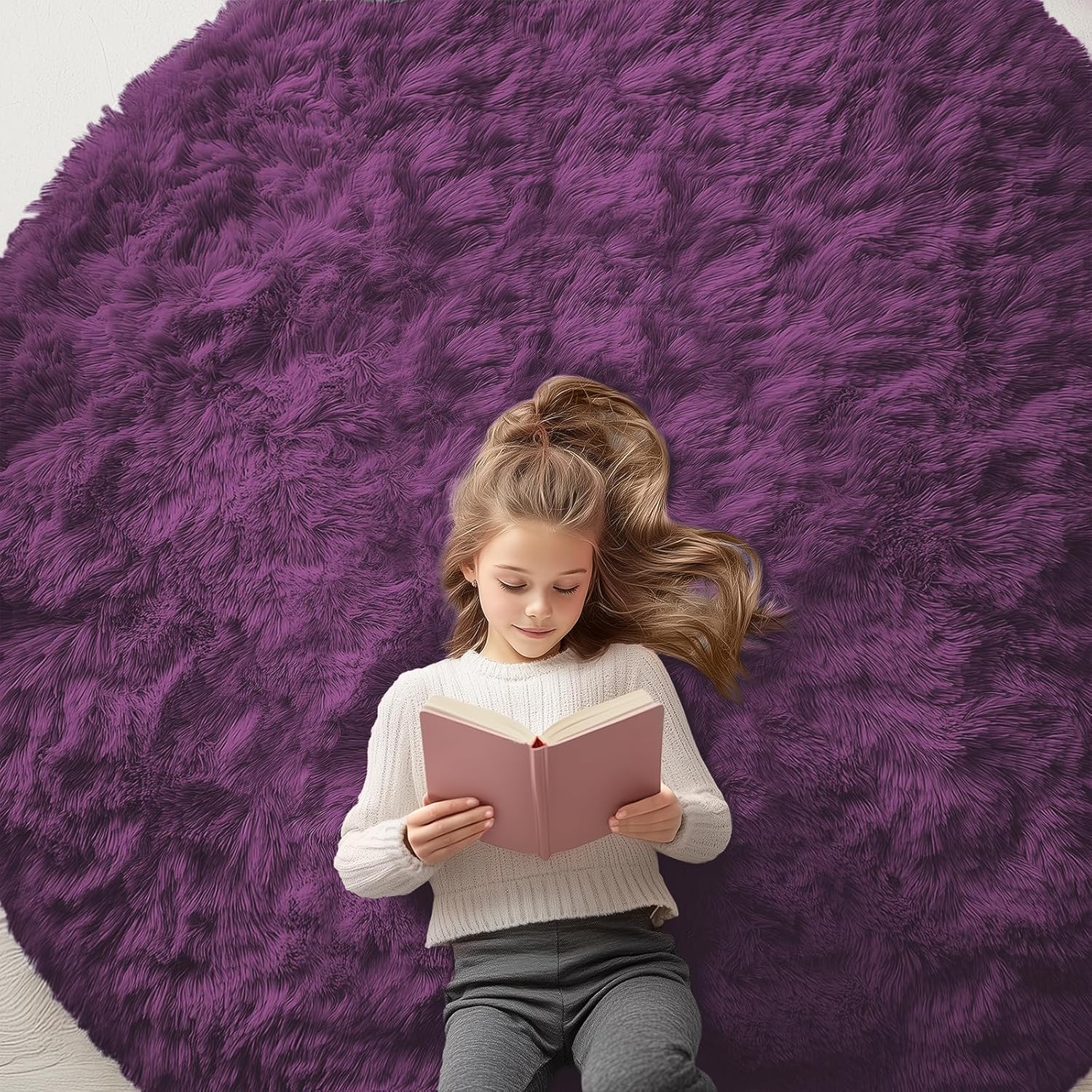 OLANLY Dark Purple Round Rug - Soft, Fluffy Shaggy Carpet for Bedroom | 6 ft Machine Washable Area Rug