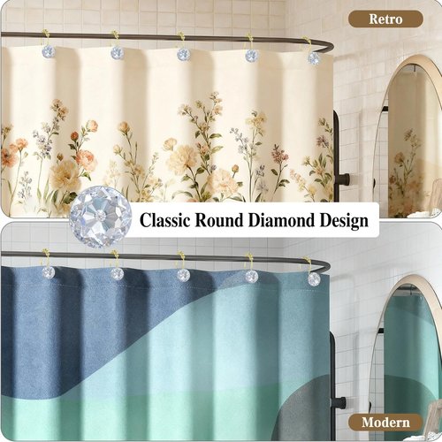 Goowin Shower Curtain Hooks, Crystal Shower Curtain Rings, Stainless Steel Gold Shower Curtain Hooks, Metal Shower Curtain Hangers, Decorative Double Shower Hooks for Shower Curtain & Liner, Gold