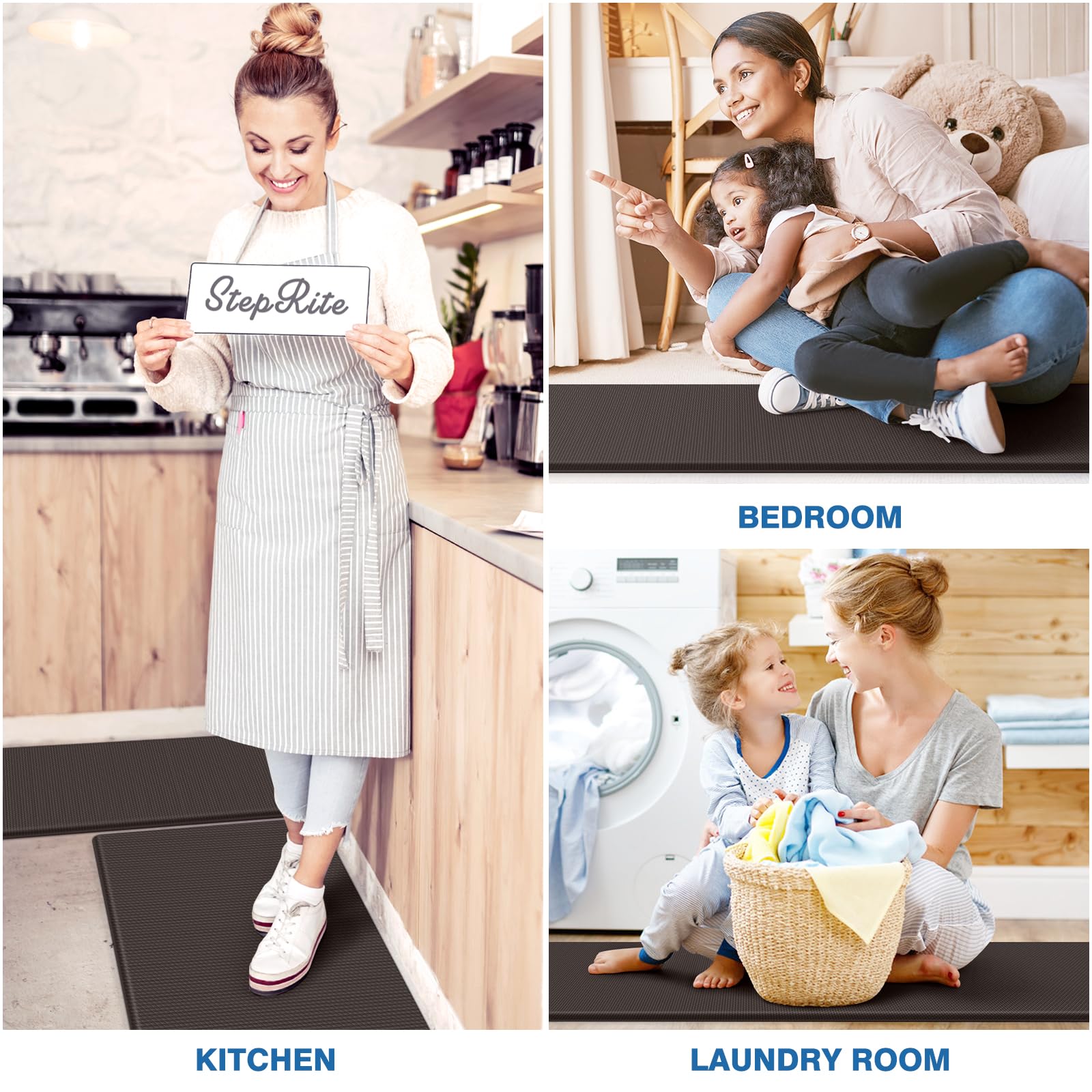 StepRite Kitchen Mats, 2PCS Kitchen Rugs, Cushioned Anti Fatigue Kitchen Mats for Floor, Non-Slip Standing Desk Mat, Waterproof Kitchen Rug Set for Kitchen, Floor, Office,17.3"x30"+17.3"x47",Chocolate