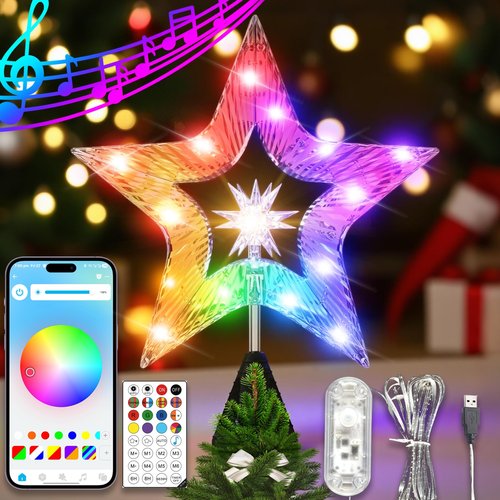 10" Christmas Tree Star Topper with Lights, Shatterproof Plastic Star Christmas Tree Topper Lighted for Christmas Tree Decorations, RGB Glow & USB Plug in