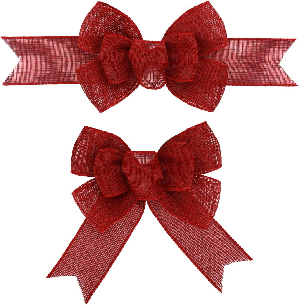 Meseey Burgundy Wired Ribbon Bows - Handmade Premade Burlap for Wreaths & Gift Wrapping | 2 Pcs Set