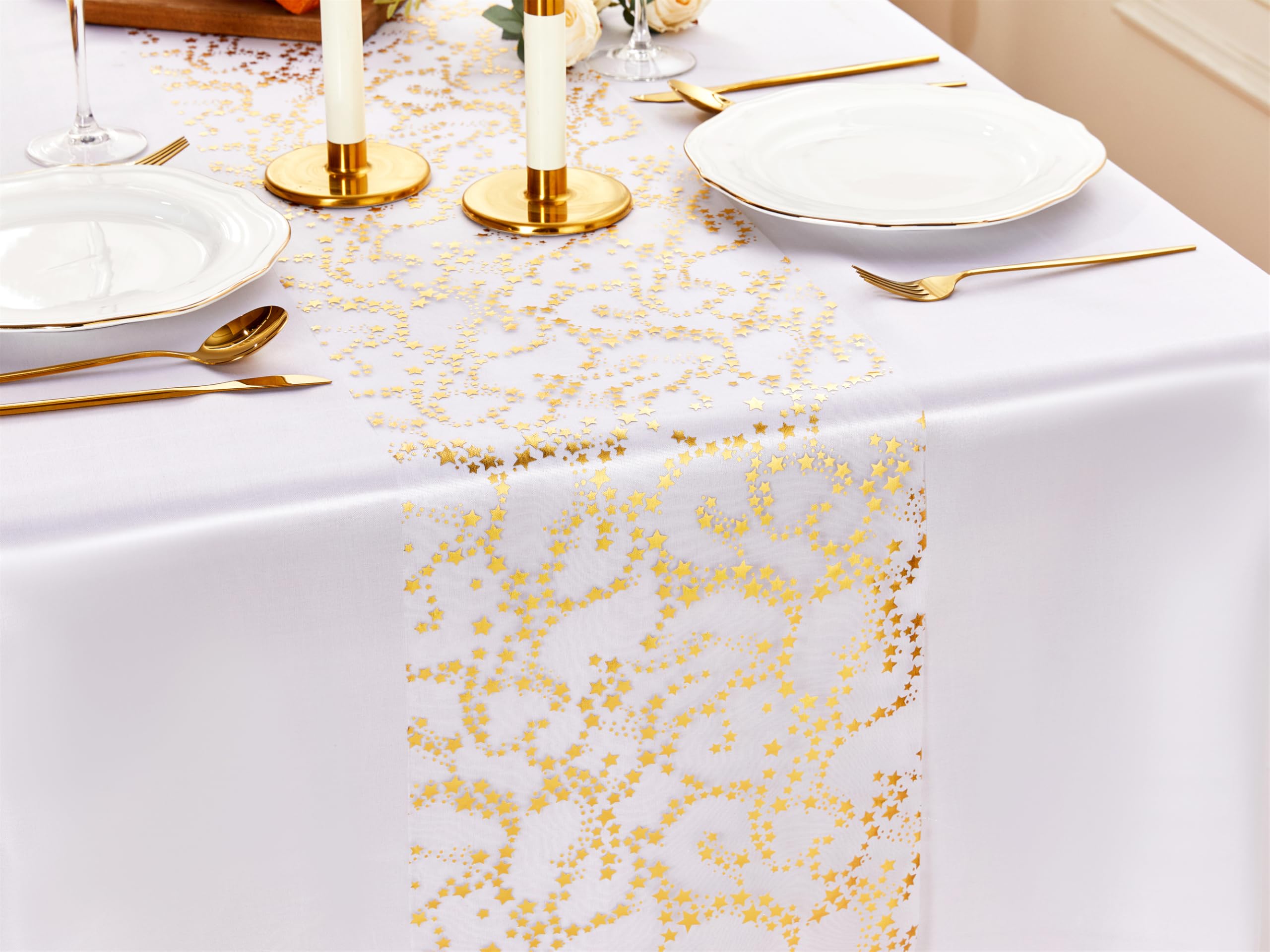 YATOJUZI Gold Table Runner Easter Table Decorations, 16 Ft Golden Star Sheer Chiffon Tulle Table Runners, Sequin Glitter Metallic Gold Foil Centerpiece for Wedding Anniversary Birthday Party