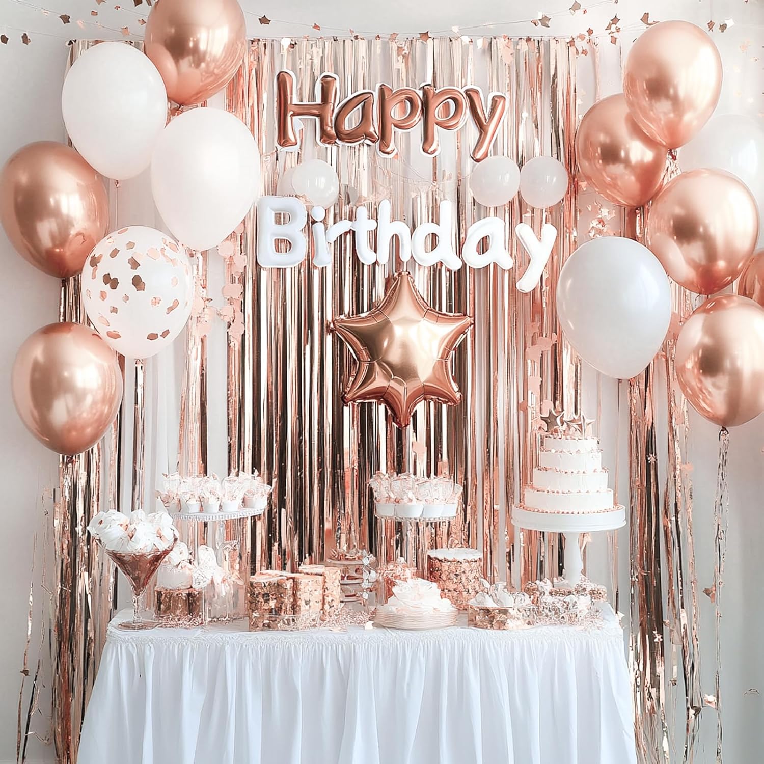 PartyWoo Rose Gold Foil Fringe Curtains - 8.2ft Tinsel Backdrop for 21st Birthday & Bridal Showers