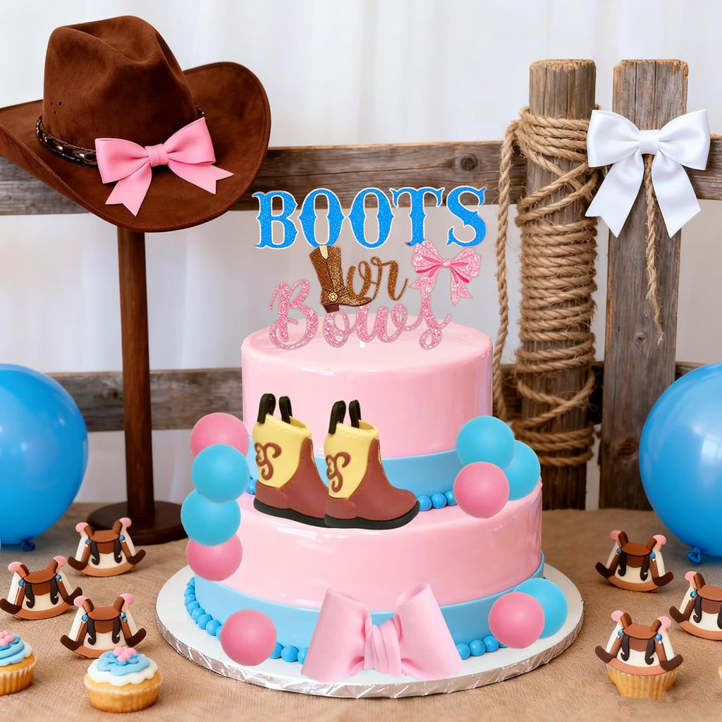 Skiennix Gender Reveal Cake Decorations - Acrylic Boots & Bows Toppers Set for Baby Shower