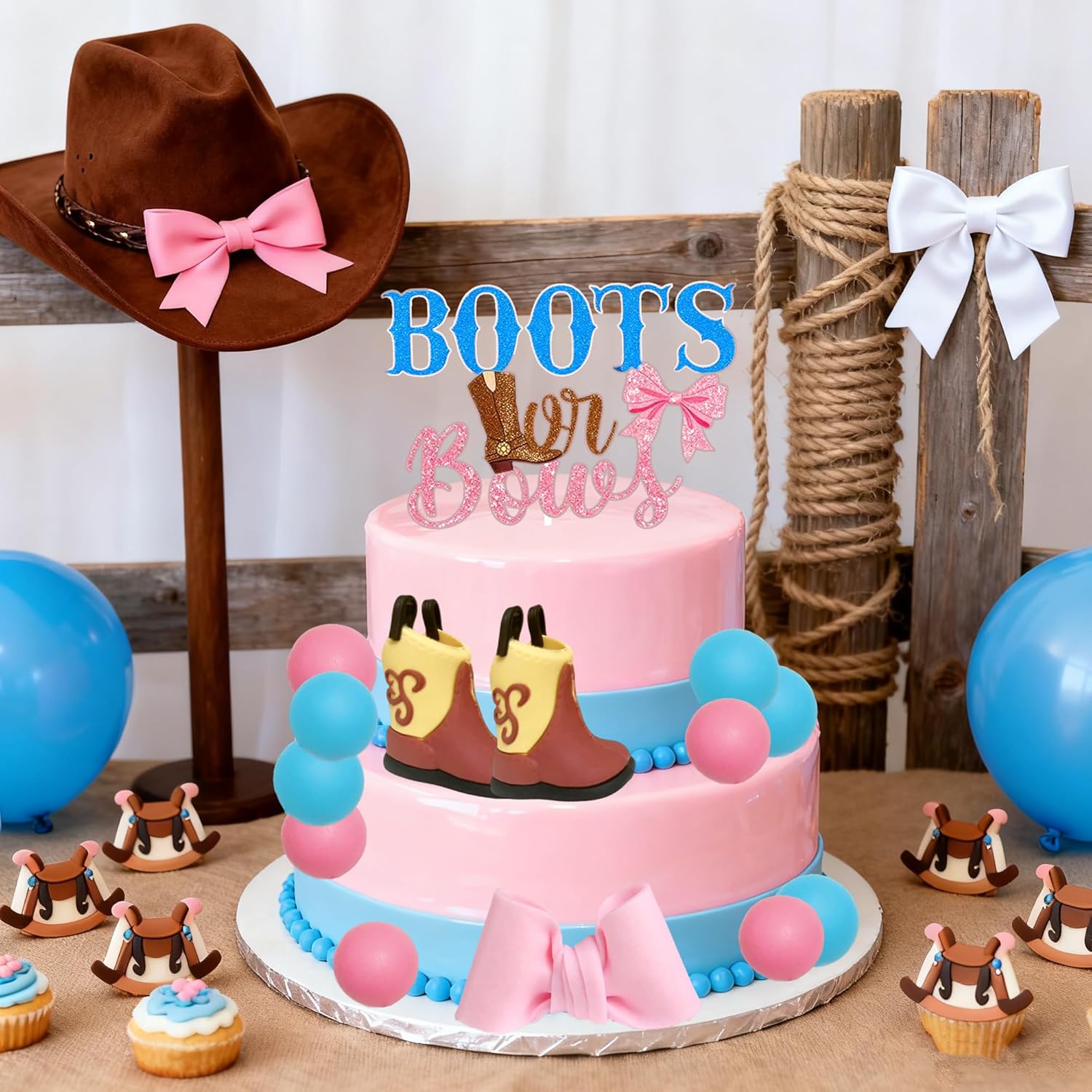 Skiennix Gender Reveal Cake Decorations - Acrylic Boots & Bows Toppers Set for Baby Shower