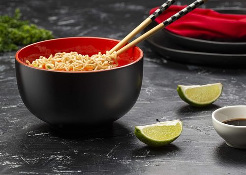 KooK Ramen Bowl - Large Ceramic Noodle Bowl Set | Microwave & Dishwasher Safe, 34 oz, Black/Red - Perfect for Ramen, Pho, Udon, Soba