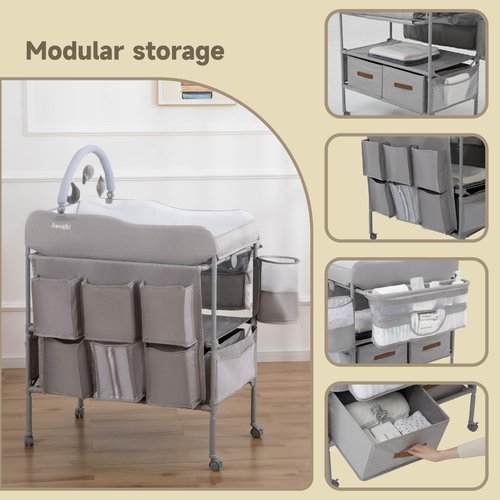 Baby Changing Table, Versatile Portable Folding Changing Table, Waterproof Diaper Changing Station with Waste Basket, Adjustable Height with 2 Drawers, Baby Changing Station for Infant and Newborn