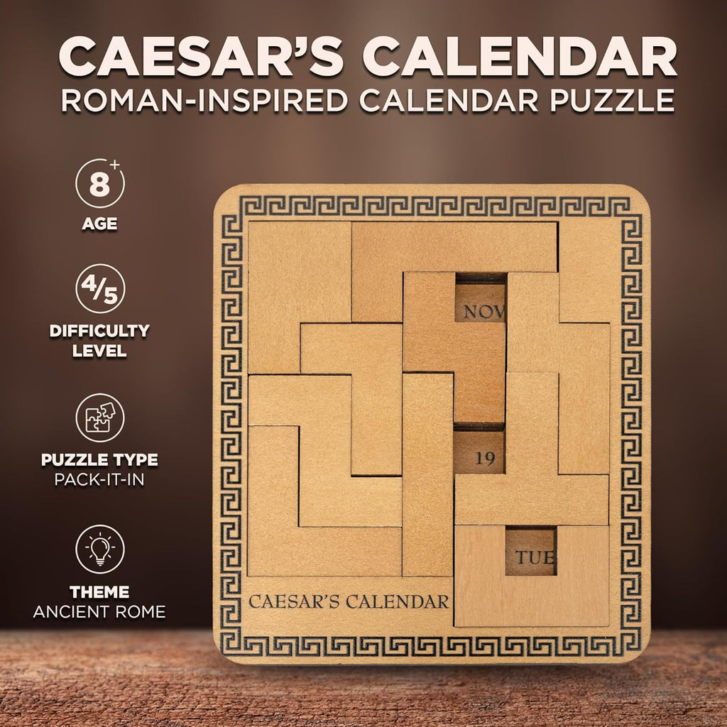 Project Genius Caesar's Calendar Wood Puzzle - 365+ Brainteasers for Adults & Kids 8+ | Unique Desk Challenge