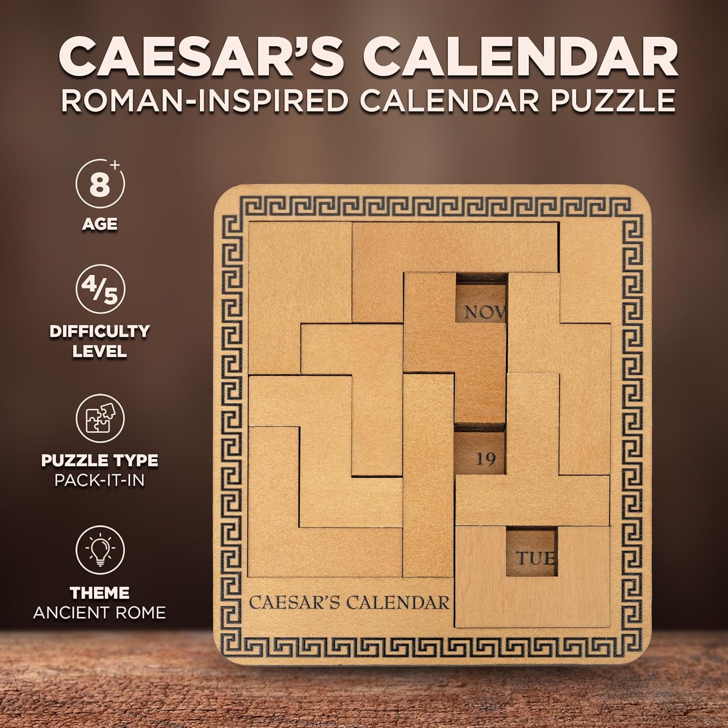 Project Genius Caesar's Calendar Wood Puzzle - 365+ Brainteasers for Adults & Kids 8+ | Unique Desk Challenge