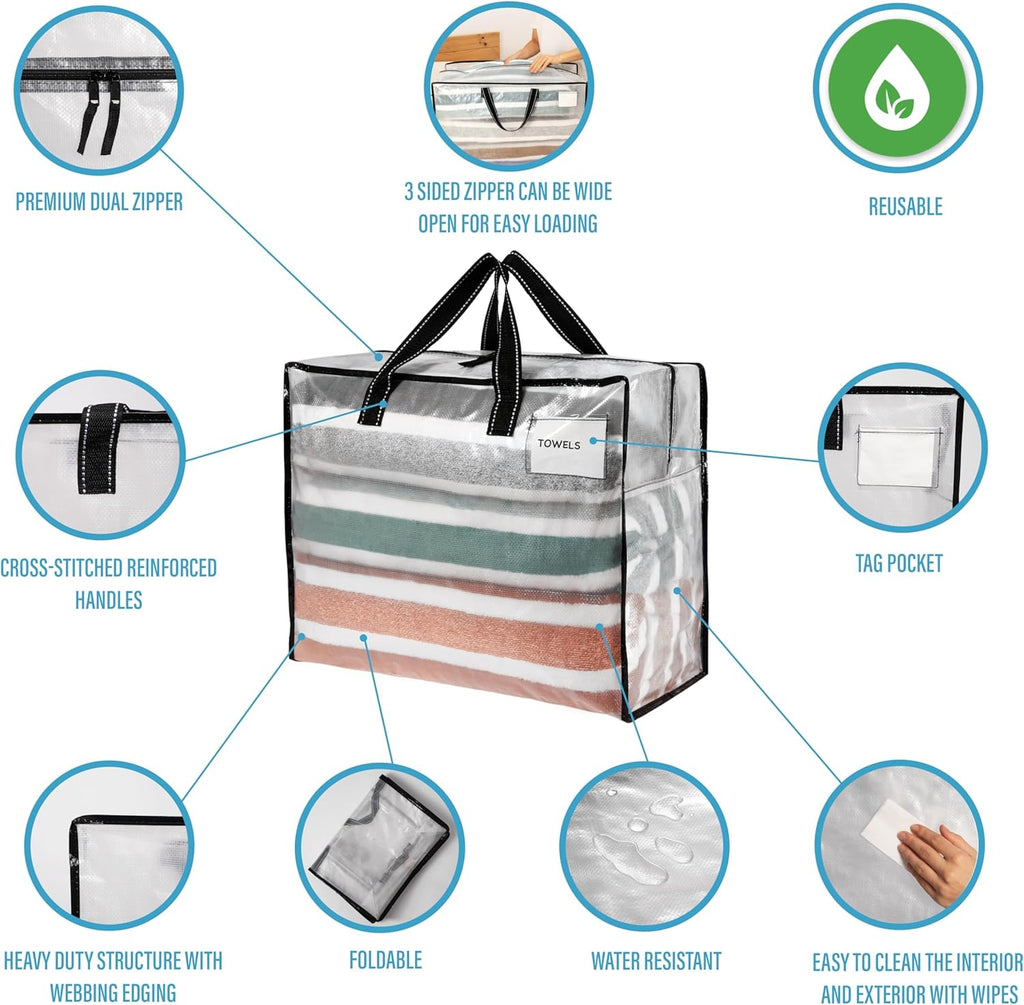 VENO Heavy Duty Moving Bags - 4 Pack Clear Storage Totes for Camping, Clothes & Bedding (13 Gallon)