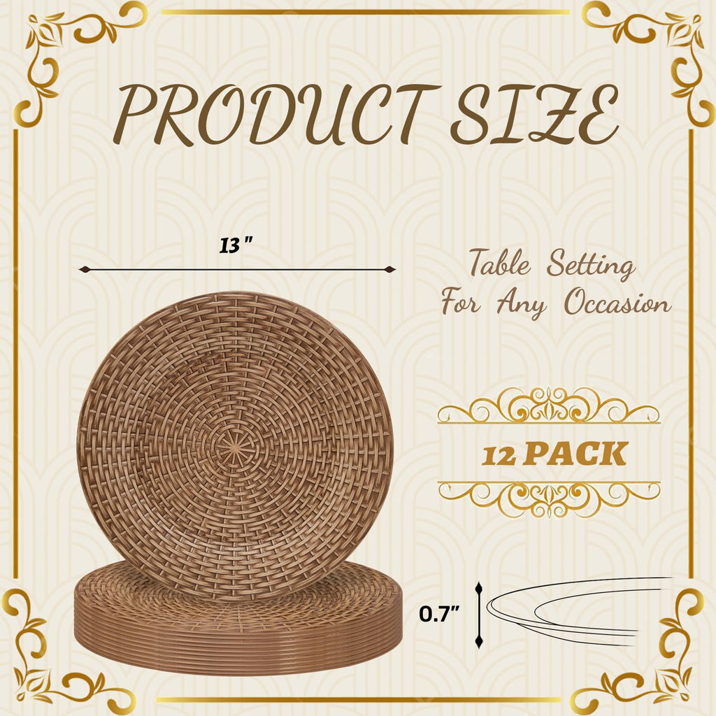 MAONAME Faux Rattan Charger Plates Set of 12, Table Chargers for Dinner Plates, 13" Round Brown Plate Chargers, Plastic Charger for Table Setting, Wedding Decor