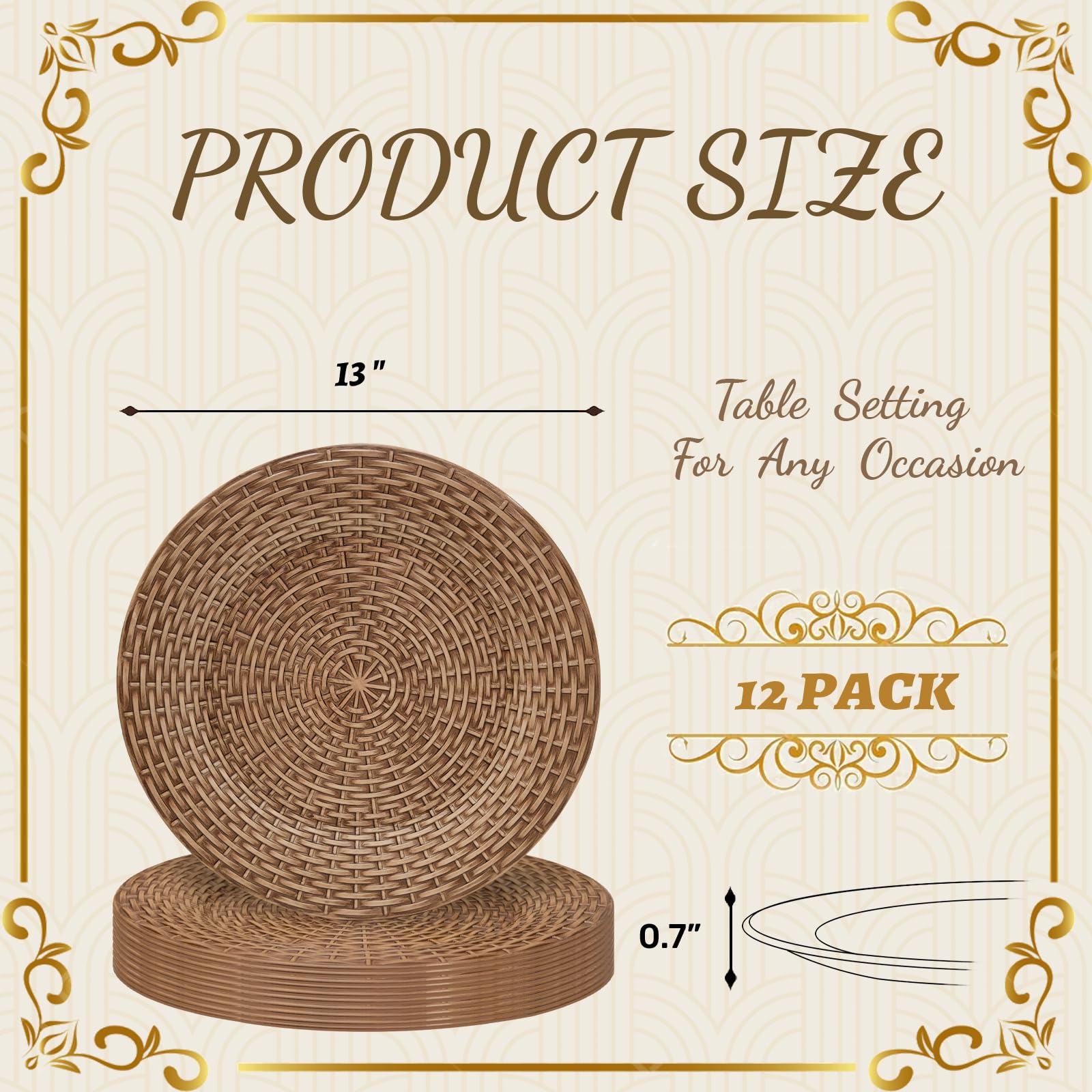 MAONAME Faux Rattan Charger Plates Set of 12, Table Chargers for Dinner Plates, 13" Round Brown Plate Chargers, Plastic Charger for Table Setting, Wedding Decor