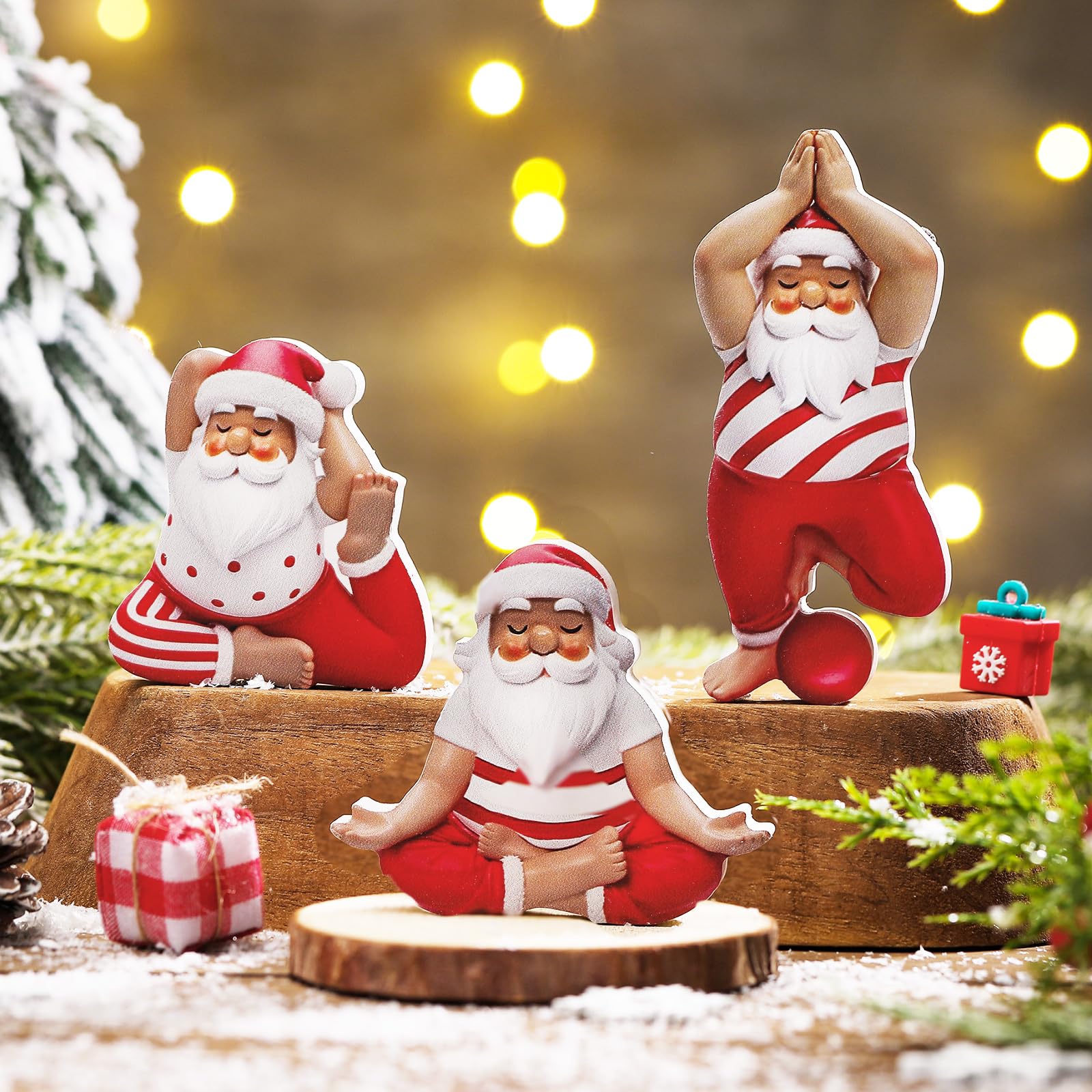 DoubleFill 3 Pcs Christmas Yoga Santa Figurines Table Decorations Wooden Yogi Santas in Yoga Poses Figurine Xmas Table Decoration for Christmas Party Home Office Desk Mantle Party Supplies