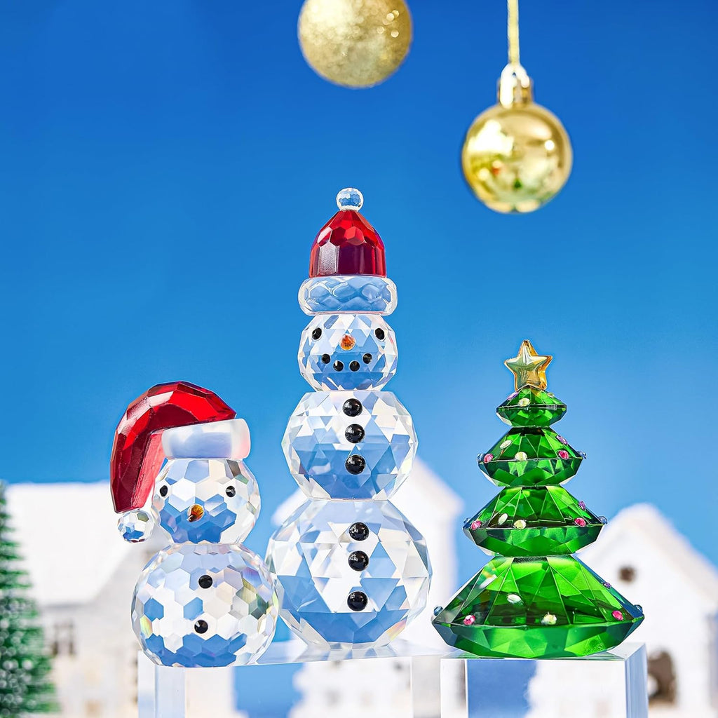 QFkris Crystal Snowman & Tree Figurines Set - Elegant Christmas Decor | Small Glass Paperweights