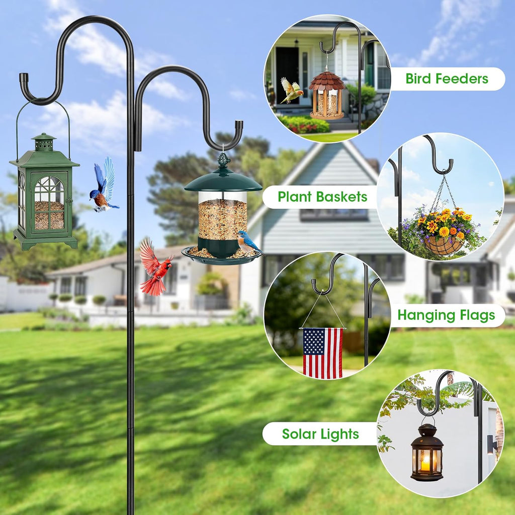Skiennix 79-Inch Double Shepherds Hooks - Heavy Duty Bird Feeder Pole with 5-Prong Base for Lanterns & Hummingbird Feeders