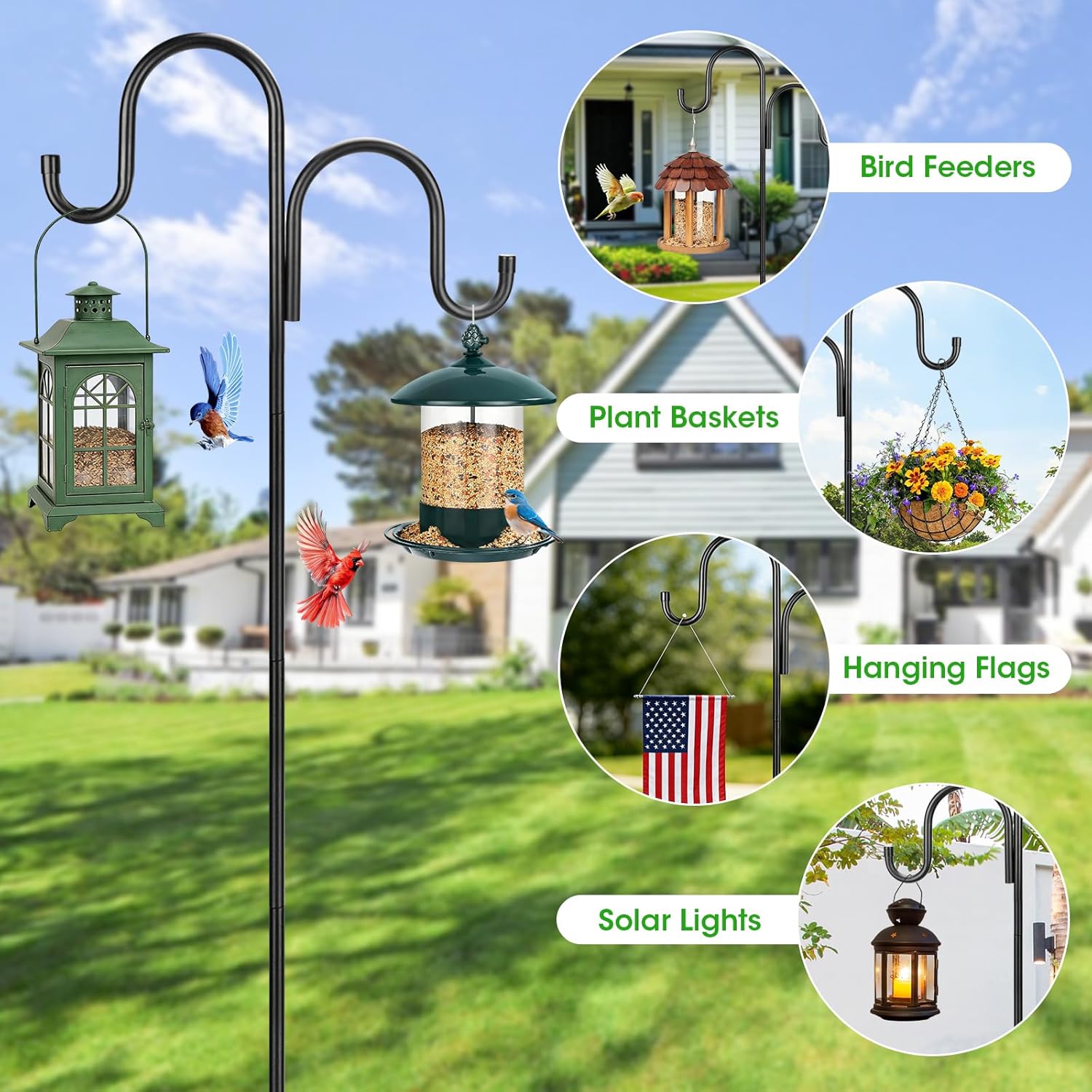 Skiennix 79-Inch Double Shepherds Hooks - Heavy Duty Bird Feeder Pole with 5-Prong Base for Lanterns & Hummingbird Feeders