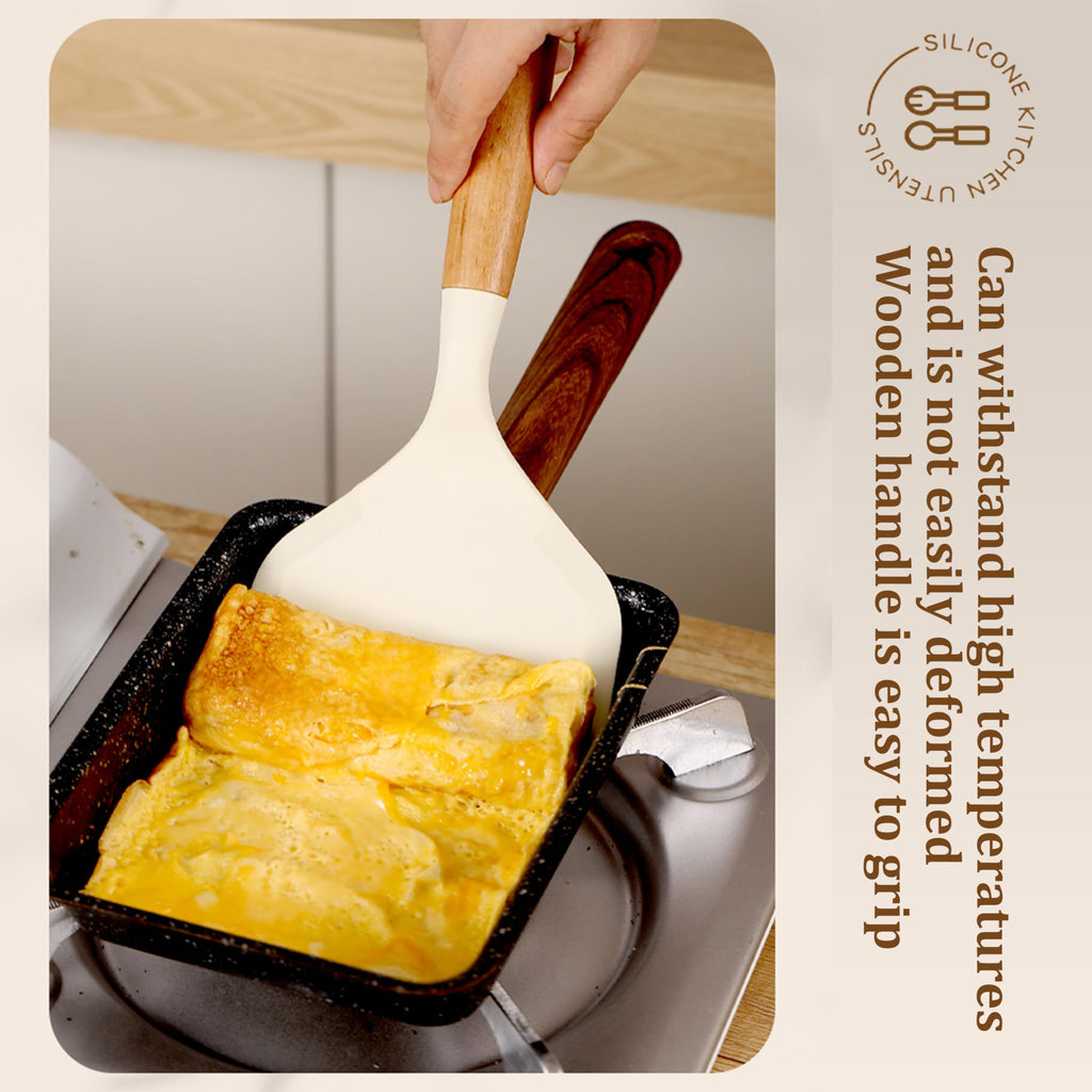 SoKalChw Wide silicone spatula tamagoyaki shovel turner for Omelette pan pancakes, eggs, fish, steak and pizza, Nonstick cookware, Wooden handle (White)