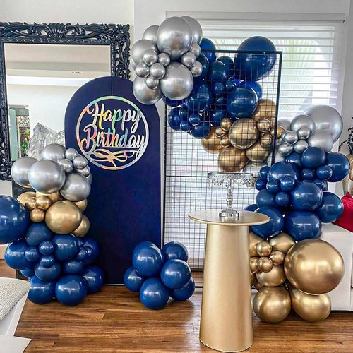 KALOR 12-Inch Metallic Gold Latex Balloons - 60 Pcs Navy Blue & White Confetti for Parties & Celebrations