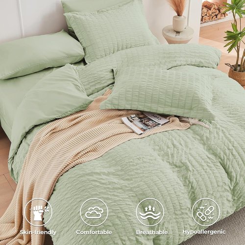 HYMOKEGE King Size Comforter Set - Light Green Seersucker 7-Piece Luxury Bedding Set