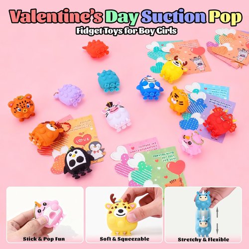Kiddelo 24 Pack Valentines Day Cards for Kids School Classroom Exchange, Animal Pop Fidget Suction Keychains with 24 Cards, 12 Designs Non Candy Party Favors and Goodie Bag Stuffers