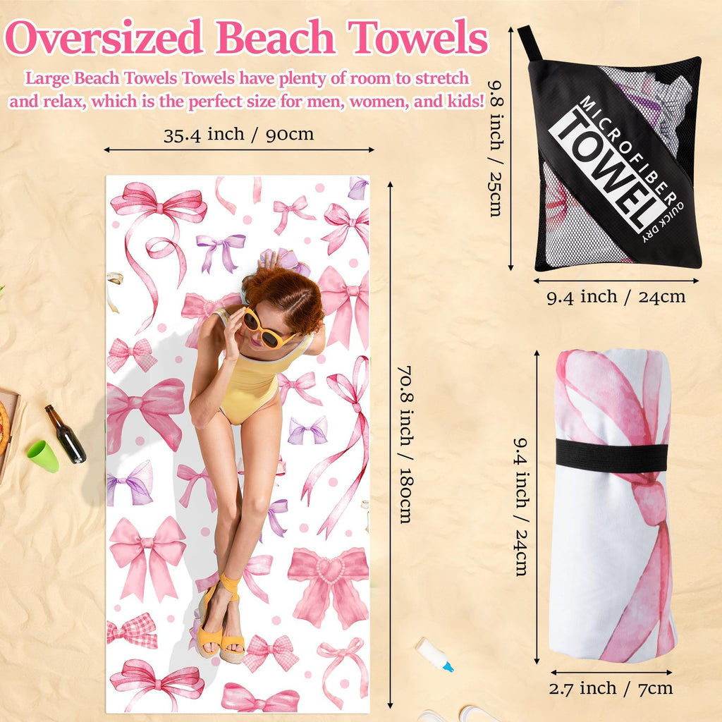 Polka Bow Oversized Beach Towel - Double-Sided Thin Microfiber Lightweight Pool Towel 71"x35" Quick Dry Towel Sand Free Blanket for Bath Sport Travel Beach Swimming Camping for Women Girls