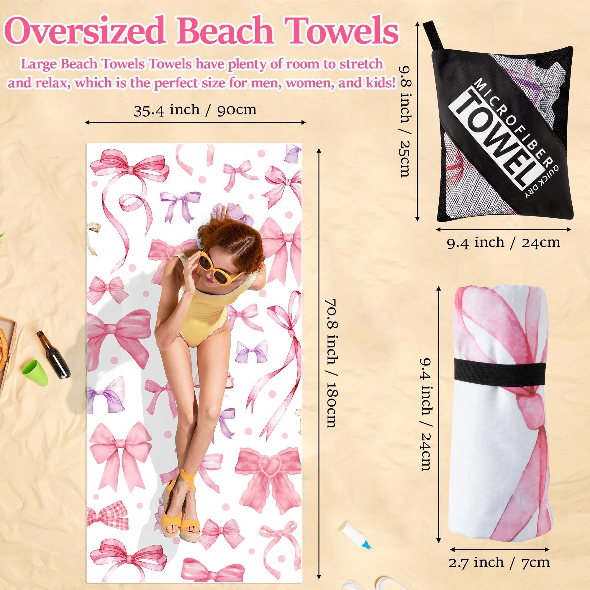 Polka Bow Oversized Beach Towel - Double-Sided Thin Microfiber Lightweight Pool Towel 71"x35" Quick Dry Towel Sand Free Blanket for Bath Sport Travel Beach Swimming Camping for Women Girls