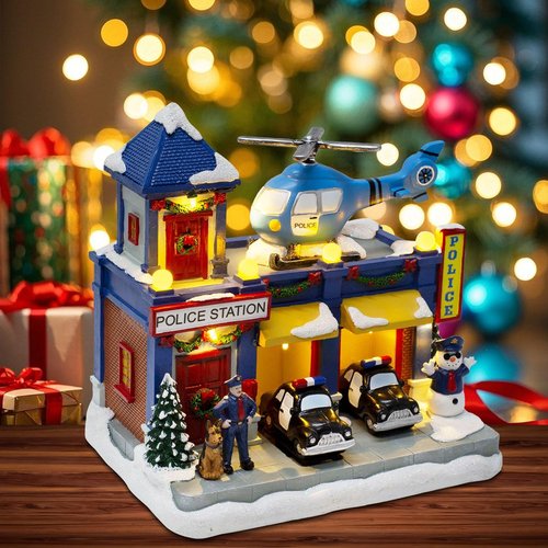Innodept12 Christmas Animated Train Station Décor - Lighted Building with Clock, Music & Moving Train - Festive Indoor Display