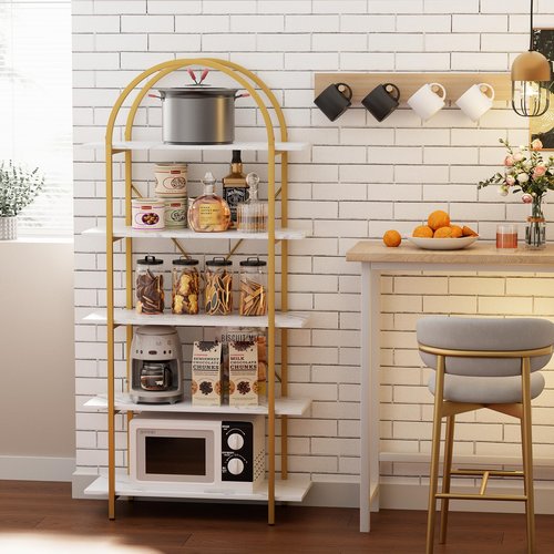 Arbuxzuy Arched Bookshelf 5 Tier Book Shelf, 31.5 Inch Width Industrial Arch Bookcase, Curved Tall Bookshelf with Open Shelves for Home Office, Living Room, Bedroom, Gold