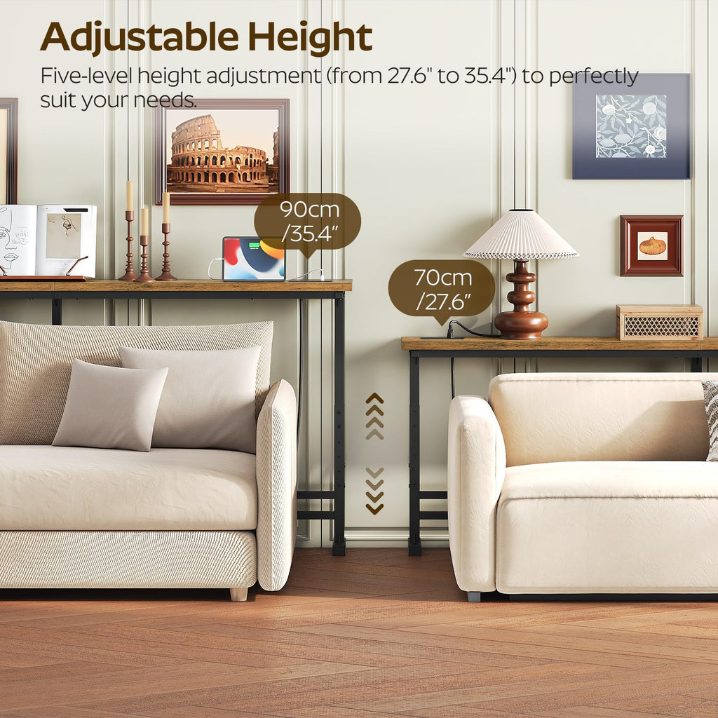 YATINEY 70.9" Console Table with Adjustable Height (27.6"-35.4") and Power Outlet, Skinny Behind Couch Table, Narrow Long Sofa Table for Living Room, Hallway, Entryway, Rustic Brown and Black CT08UBR