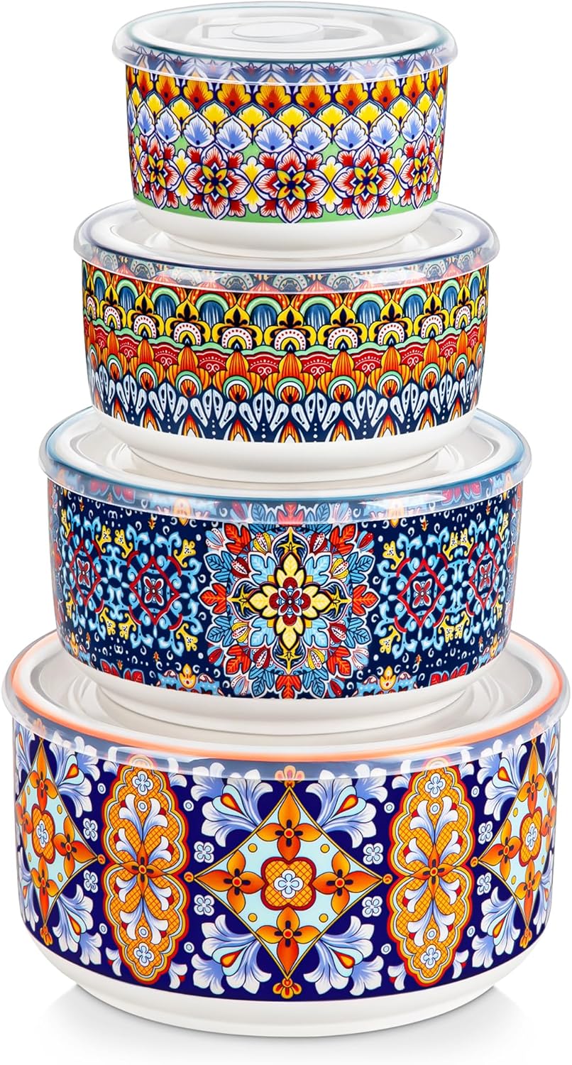 Vancasso Serving Bowls Set of 4 - Ceramic Nesting Mixing Bowls with Lids | Dishwasher & Microwave Safe, 60/36/20/10 OZ