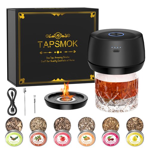 Tapsmok Electric Whiskey Smoker Kit: Rechargeable Cocktail Smoker for Old Fashioned & Bourbon Drinks with Built-in Lighter, No Butane Needed, 6 Wood Chips, Christmas Whiskey Gift for Men, Dad, Husband