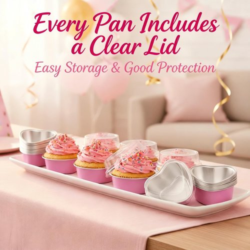 STN Mini Heart Shaped Cake Pans 100 ml/ 3.4 Ounces Heart Aluminum Foil Cupcake Pans 50pcs Valentine's Day Baking Cups With Lids Spoon for Valentine Mother's Day Birthday Wedding (Pink)