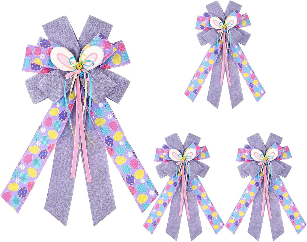 Skiennix Large Purple Spring Bows - 21x11 Inch Bunny Tree Topper Wired Ribbon Decor | 4 Pcs Set