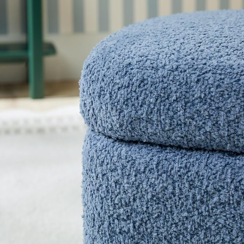 Walker Edison Linley Contemporary Small Storage Bouclé Ottoman with Wood Legs, Soft Blue