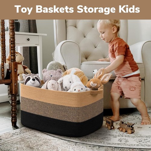 Goodpick Large Wicker Blanket Basket - 22" x 17" x 12" | Decorative Rope Laundry & Toy Storage for Living Room & Bedroom