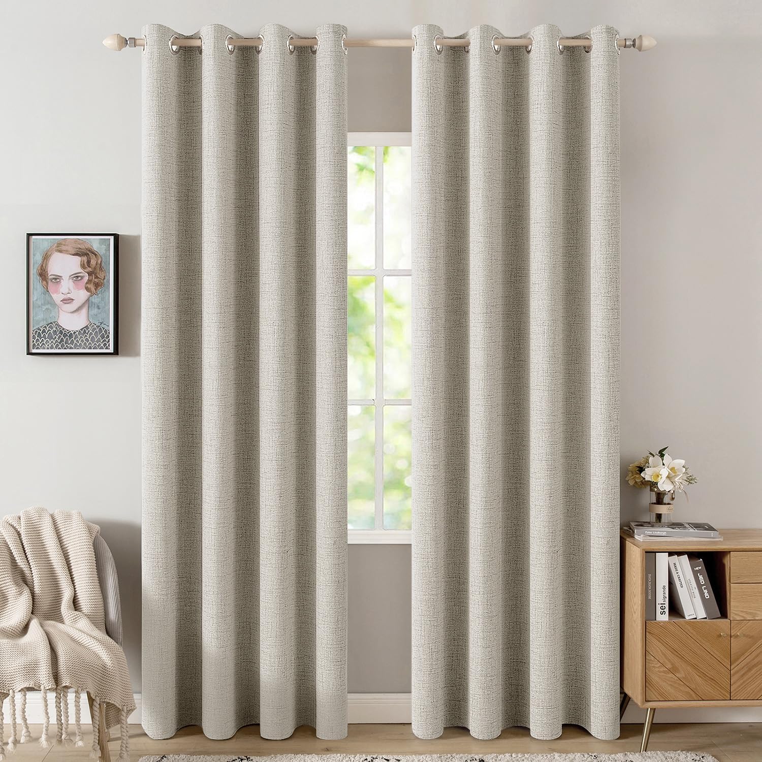 MIULEE 100% Blackout Linen Curtains - Thermal Insulated Cobblestone Drapes | 52 x 84 Inch (2 Panels)