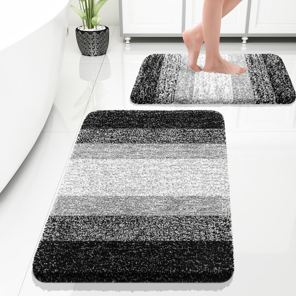 OLANLY Bathroom Rug Set - Soft Absorbent Microfiber Mats | Non-Slip & Machine Washable (30"x20" + 24"x16", Black)
