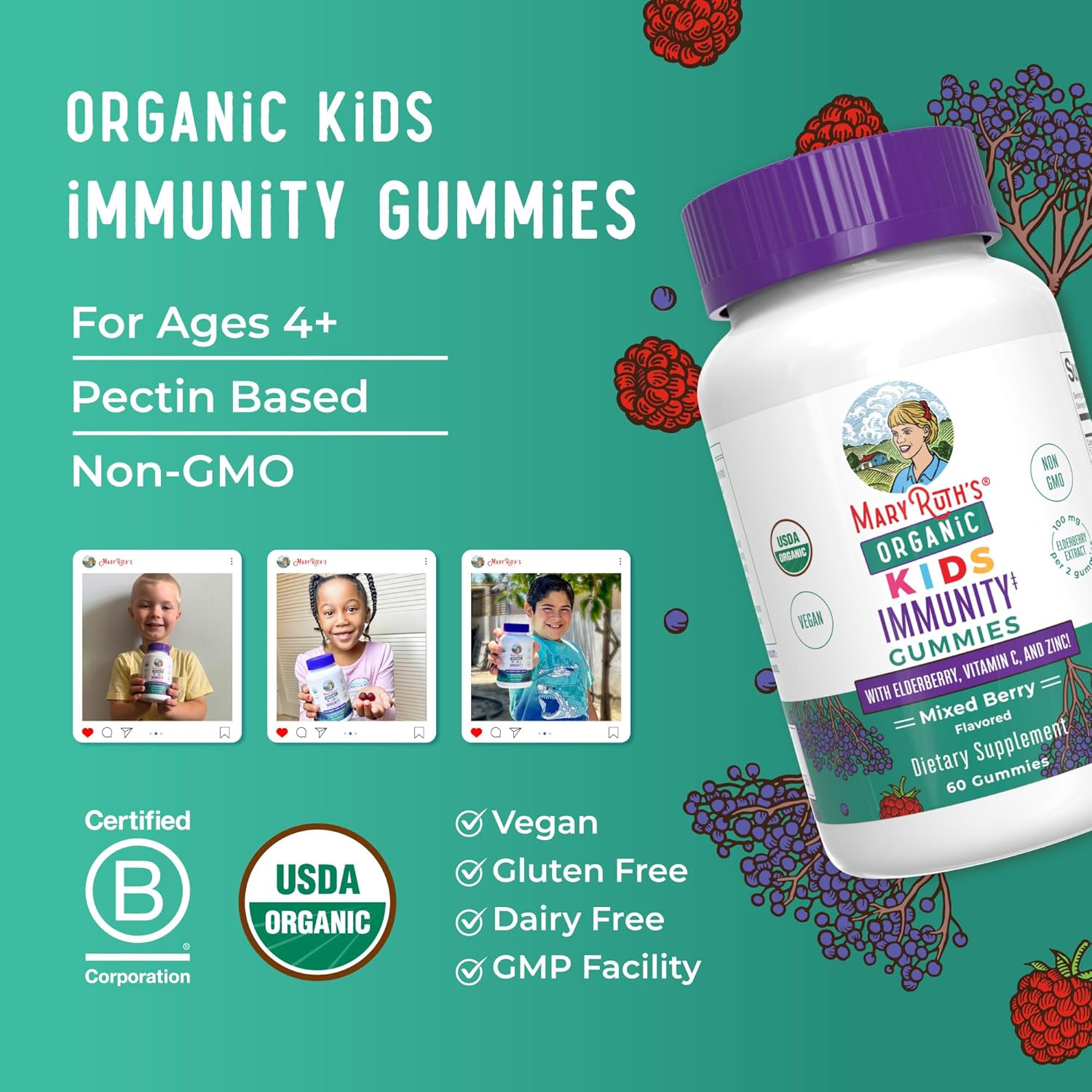 MaryRuth Organics Kids Immune Support Gummies - USDA Organic Vitamin C, Zinc & Elderberry | Vegan, Non-GMO, Gluten Free | 60 Count