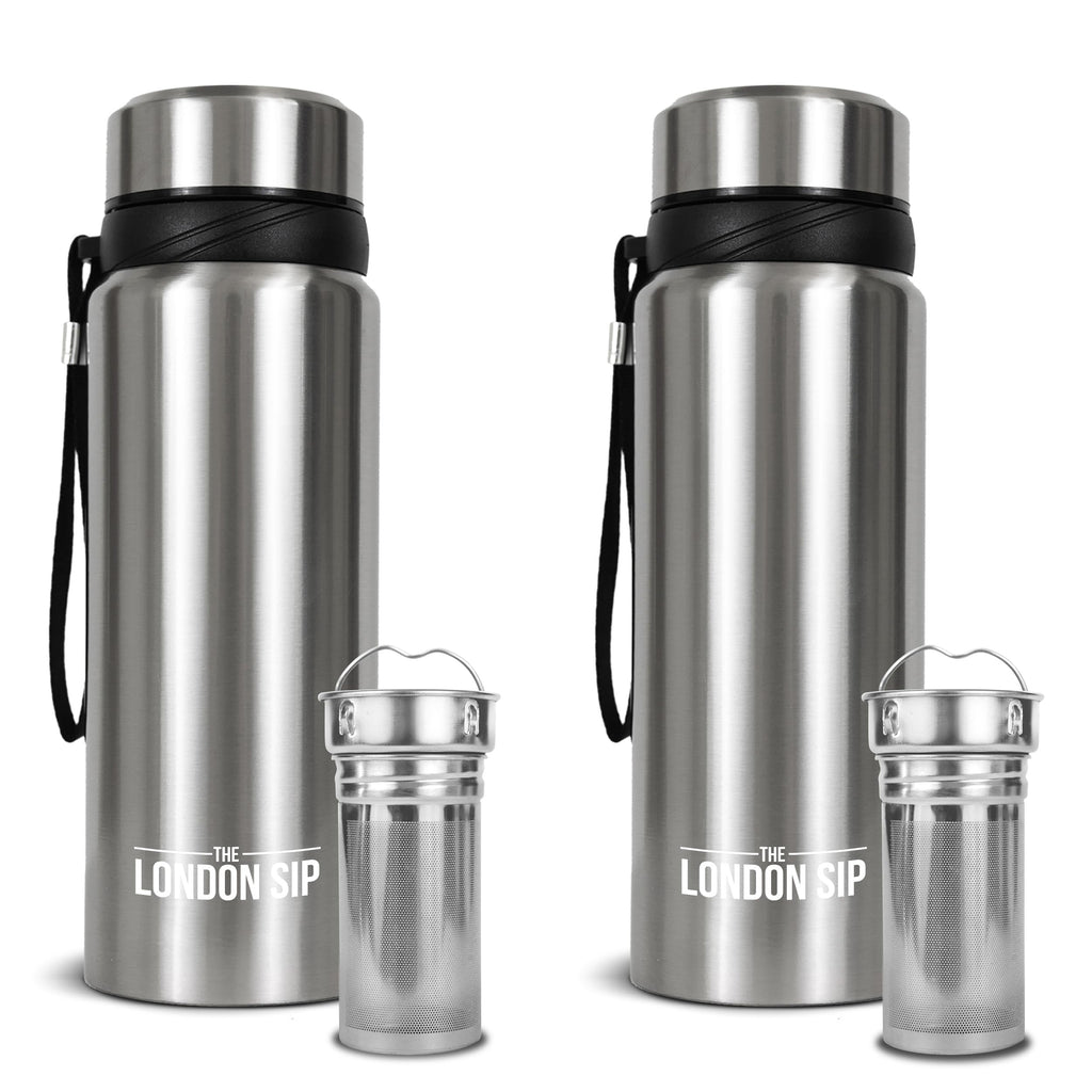 The London Sip 25 oz Multi-Function Travel Mug and Tumbler Tea Infuser Water Bottle Fruit Infused Flask Hot and Cold Double Wall Stainless Steel Coffee Thermos, Cosmic Silver, Pack of 2
