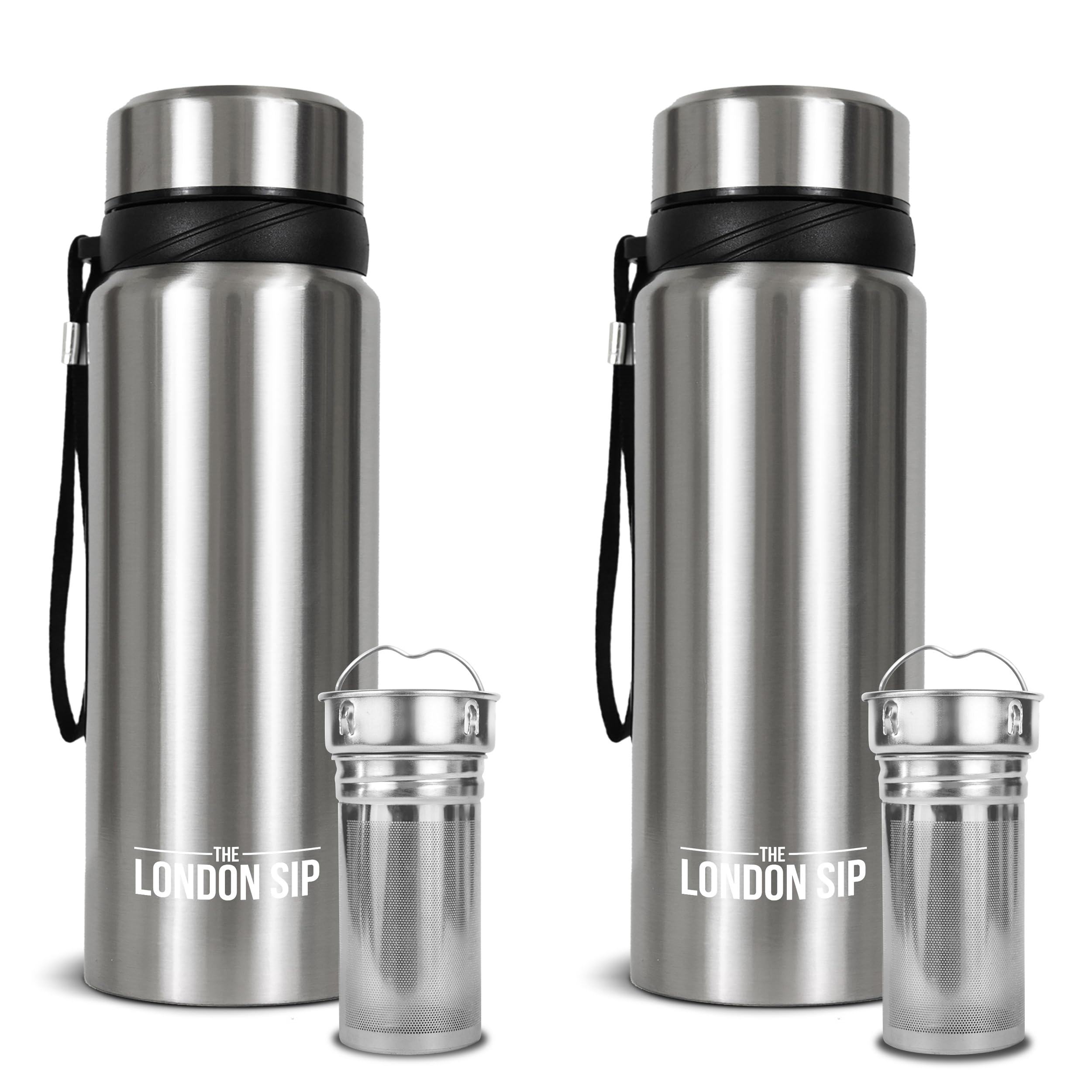 The London Sip 25 oz Multi-Function Travel Mug and Tumbler Tea Infuser Water Bottle Fruit Infused Flask Hot and Cold Double Wall Stainless Steel Coffee Thermos, Cosmic Silver, Pack of 2