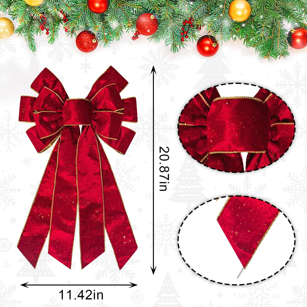 Hying Large Christmas Bows for Wreath, Glitter Red Velvet Wreath Bow Xmas Holiday Tree Topper Bows Ornaments for Front Door New Year Christmas Party Decoration Supplies