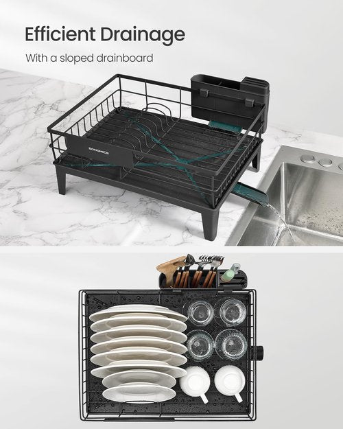 SONGMICS Dish Drying Rack, Kitchen Dish Rack, with Drainboard, 360° Rotatable and Extendable Spout, with Cutlery Holder, 12.2 x 16.5 x 7.3 Inches, Ink Black UKCS550B01