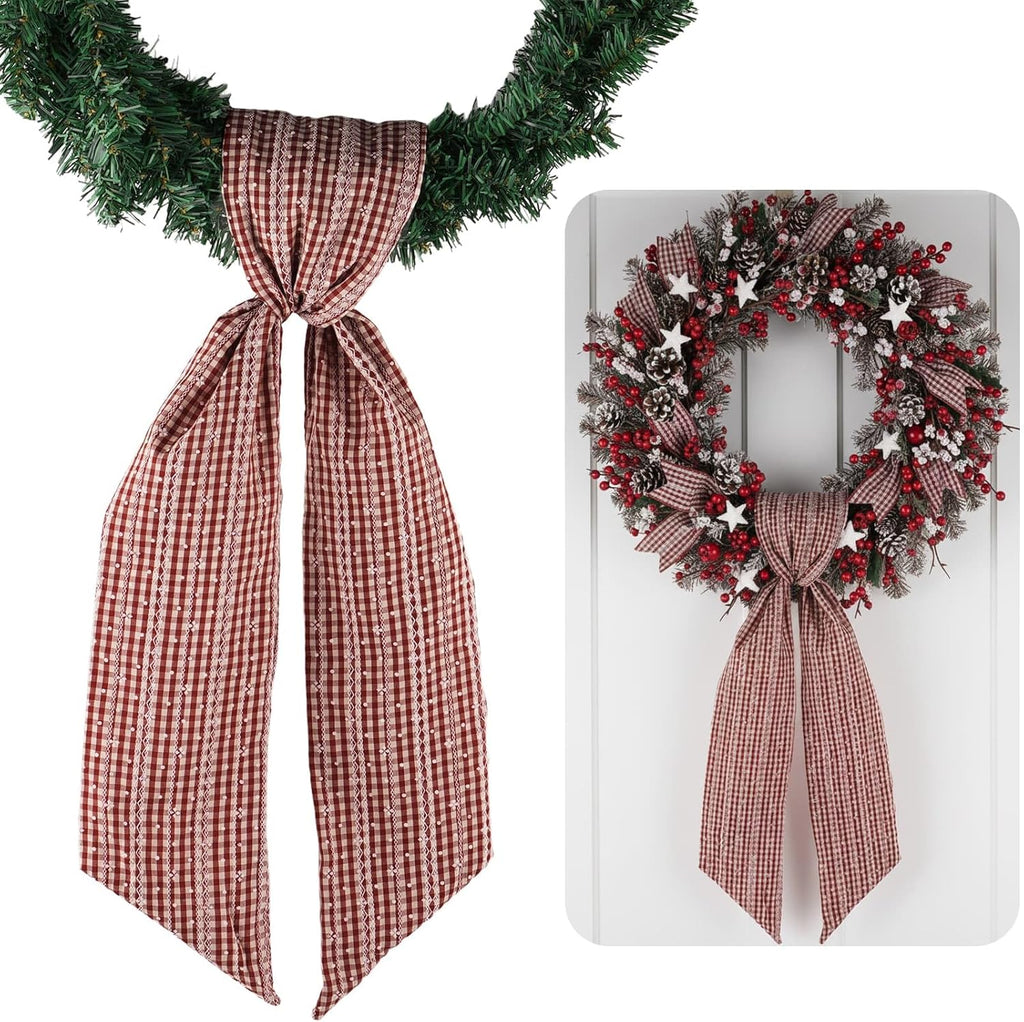 Regine Switzerland Jacquard Plaid Wreath Sash - Festive Door Decoration, 5.12" x 54.33" Red Beige Ribbon